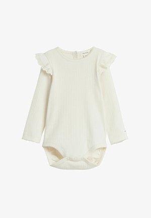 Babyromper met lange mouwen in crèmekleurige geribbelde stof, met ruches op de schouders en drukknopen aan de onderkant. Zachte textuur.