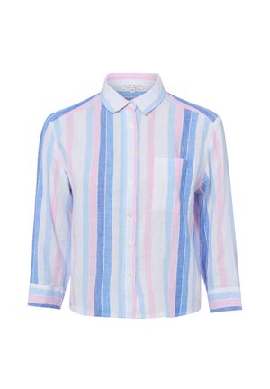 Knopvooroverhemd met verticale strepen in blauw, roze en wit, voorzien van een kraag, borstzak en driekwartmouwen.