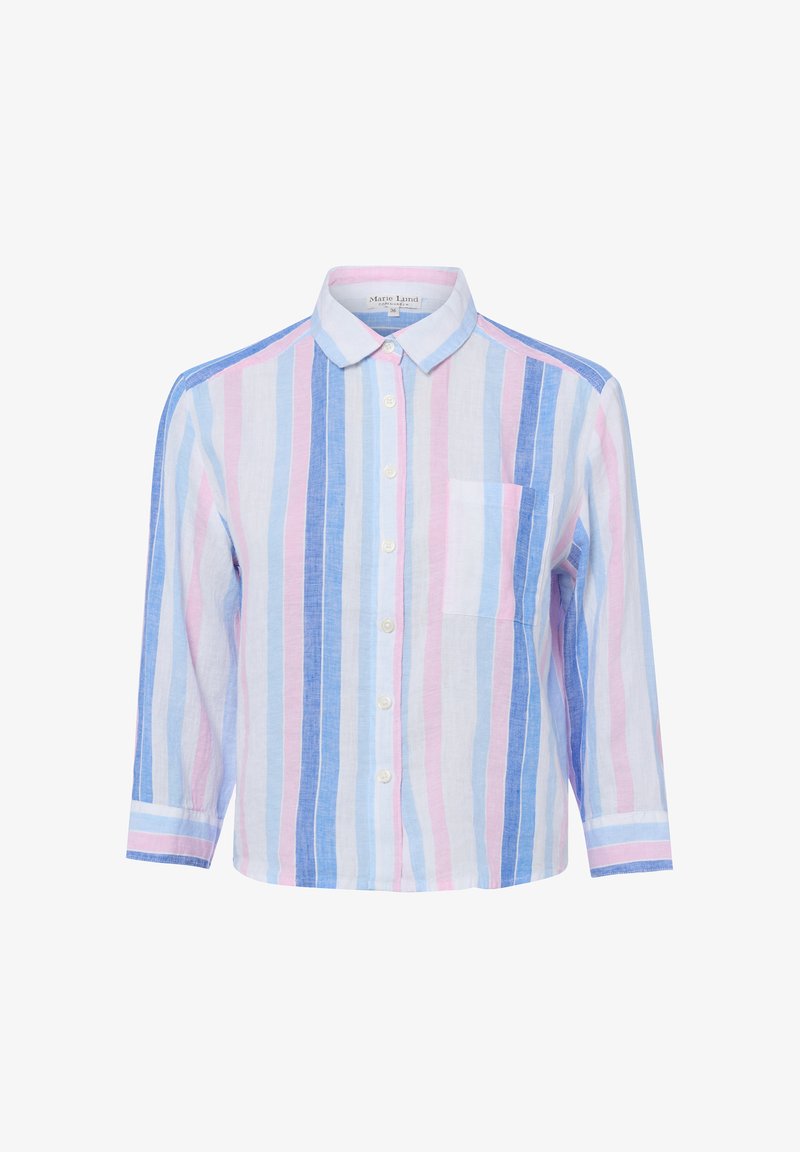 Knopfleistentasche mit vertikalen Streifen in Blau, Pink und Weiß, mit Kragen, Brusttasche und Dreiviertelärmeln.