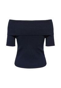 Tamsiai mėlynas palaidinė be petnešėlių su trumpomis rankovėmis ir plačiu sulankstytu kaklo iškirpimu, prigludusi ties liemeniu.