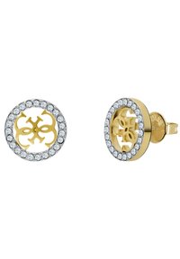 Gouden studs oorbellen met een cirkelvormig ontwerp, omringd door heldere kristallen, met een ingewikkeld logo in het midden.