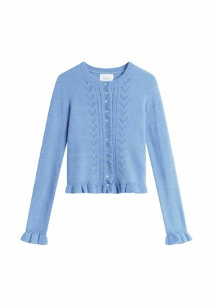 Ljusblå stickad kofta med rund halsringning, knappstängning framtill och volangkant vid fållen och ärmsluten, med sicksackmönster.