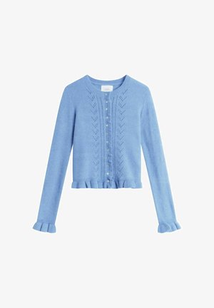 Jasnoniebieski dzianinowy kardigan z okrągłym dekoltem, zapięciem na guziki z przodu oraz falbatkowym wykończeniem na dole i mankietach, ozdobiony wzorem w jodełkę.
