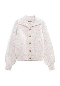 Cardigan avorio con colletto, caratterizzato da una texture a coste e macchie colorate. Cinque bottoni marroni e maniche leggermente a sbuffo.