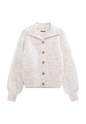 Off-white cardigan met een kraag, met een ribbelstructuur en kleurrijke spikkels. Vijf bruine knopen en licht opbollende mouwen.
