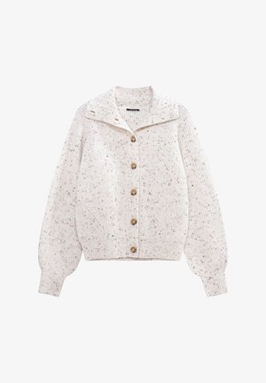 Cardigan avorio con colletto, caratterizzato da una texture a coste e macchie colorate. Cinque bottoni marroni e maniche leggermente a sbuffo.