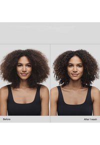 Curly hair comparison, left with frizz, right smoother after one wash. Both images feature a person in a black sleeveless top.
