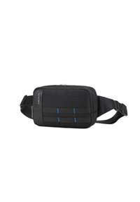 Borsa a spalla nera in tessuto con forma rettangolare, caratterizzata da linee blu decorative e una robusta tracolla regolabile per un trasporto sicuro.