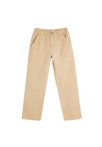 Harmaat puuvillahousut, joissa on joustava vyötärö, kaksi etutaskua, sivutasku ja suora lahkeen muotoilu. Liukas pinta, minimaalinen yksityiskohtaisuus.