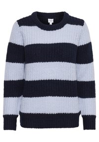 Knitted sweater with a crew neckline, featuring alternating dark navy and light blue horizontal stripes, and ribbed cuffs and hem.