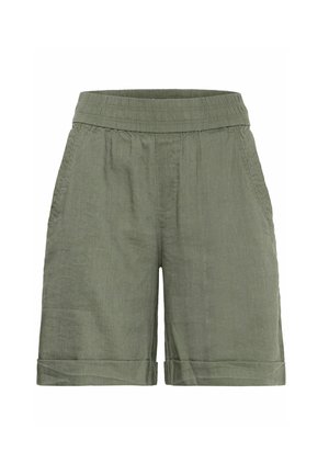 Grüne Leinen-Shorts mit einem elastischen Bund, zwei Seitentaschen und umgeschlagenen Säumen. Leichte Textur für Komfort bei wärmerem Wetter.