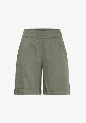 Zelene lanene kratke hlače z elastičnim pasom, dvema stranskima žepoma in zavitimi robovi. Lahka tekstura za udobje v toplejšem vremenu.