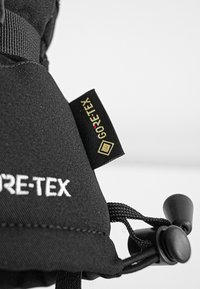 Czarna tkanina GORE-TEX z białym logo, z podpiską w złotych detalach oraz mechanizmem zacisku z czarnymi plastikowymi złączkami.