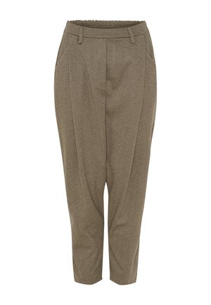 Brune herringbone tapered bukser med elastisk talje og sidelommer, ankellange med subtile plisseringer og bæltestropper.