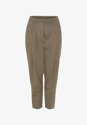 Brune herringbone tapered bukser med elastisk talje og sidelommer, ankellange med subtile plisseringer og bæltestropper.