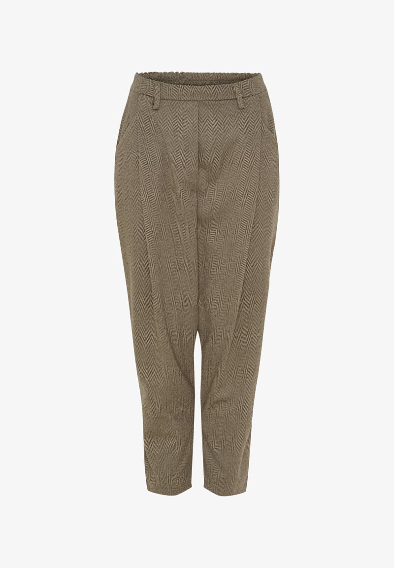 Brune herringbone tapered bukser med elastisk talje og sidelommer, ankellange med subtile plisseringer og bæltestropper.
