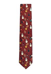 Cravatta rossa con un motivo giocoso di pupazzi di neve, ominidi di pan di zenzero, ornamenti e regali, con accenti verdi e gialli e pois bianchi.