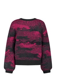 Suéter de punto en rosa oscuro y negro con un patrón abstracto texturizado, cuello redondo y puños y dobladillo acanalados.