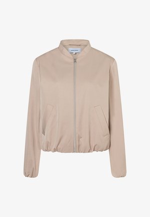 Beige Bomberjacke mit Reißverschluss vorne, Stehkragen, elastischem Saum und Bündchen sowie zwei vorderen Einschubtaschen.