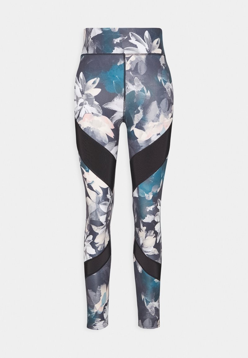 Leggings à motif floral dans des teintes sombres avec des panneaux en maille noire. Dotés d'une taille haute et d'une coupe ajustée, fabriqués en matériau extensible.