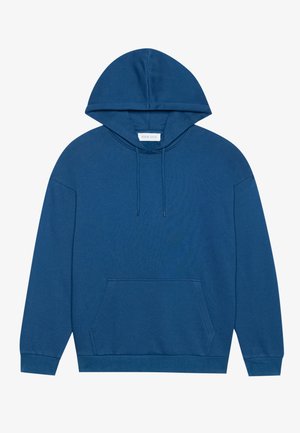 Blauer Kapuzenpullover aus weichem Stoff, mit einer Vordertasche, Kordelzügen sowie gerippten Bündchen und Saum.