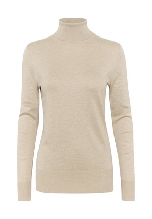 Maglione beige a collo alto realizzato in morbido tessuto a maglia. Presenta maniche lunghe, un design aderente e un colletto e orlo a coste.