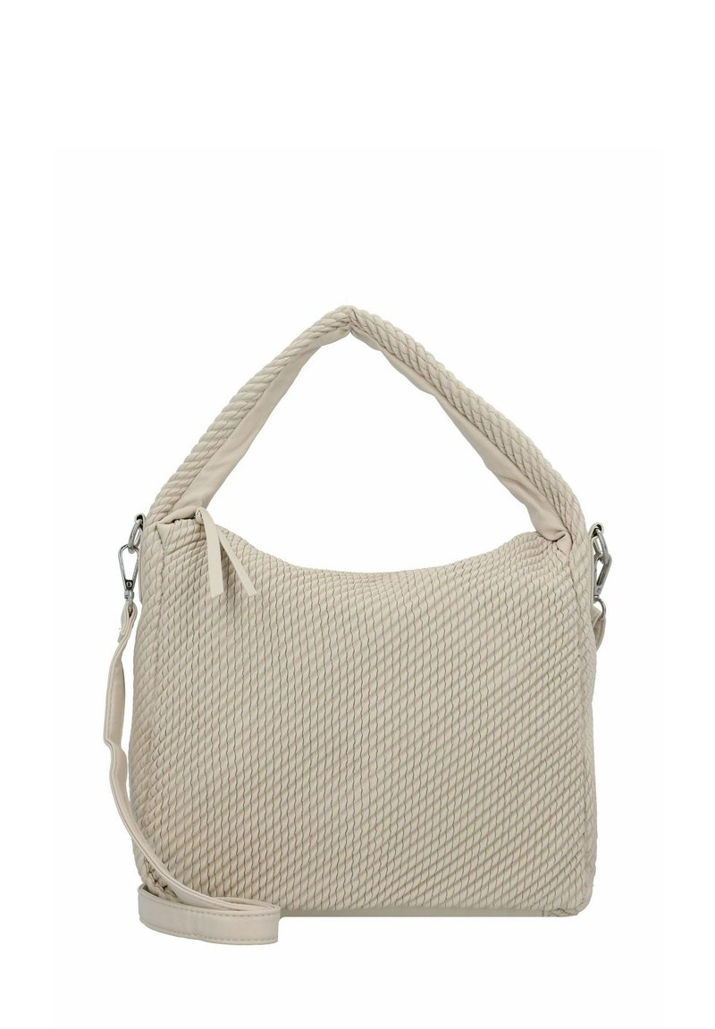 Sac beige à texture tricotée avec une poignée supérieure tressée et une bandoulière amovible. Accents en métal argenté sur le côté.