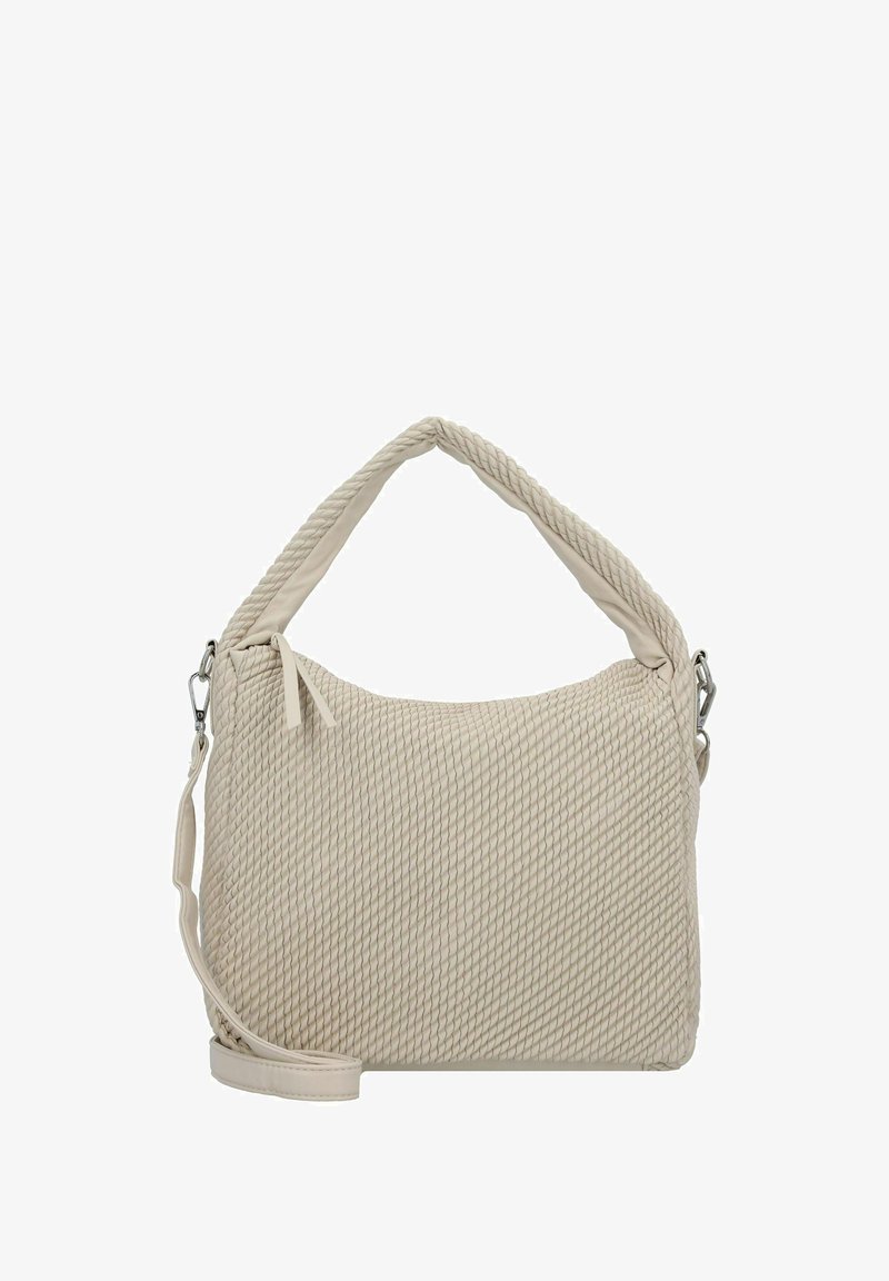 Sac beige à texture tricotée avec une poignée supérieure tressée et une bandoulière amovible. Accents en métal argenté sur le côté.