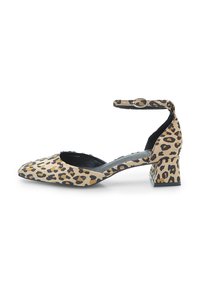 Leopard print pump with a rounded toe, ankle strap, and block heel. Made from textured material with black and tan patterns.