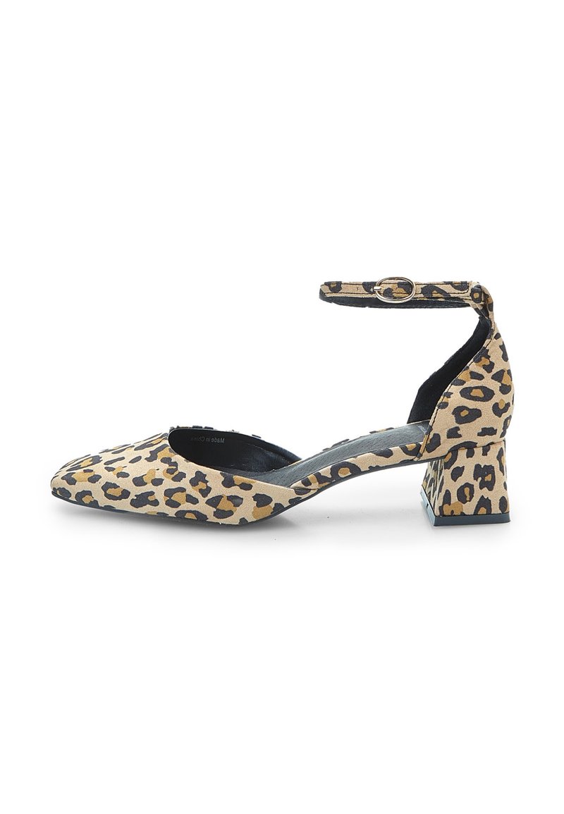 Leopard print pump with a rounded toe, ankle strap, and block heel. Made from textured material with black and tan patterns.