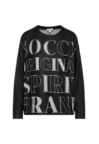 Schwarzer Sweatshirt mit großen weißen Texten in verschiedenen Schriftarten: "SOCCX," "ORIGINAL," "SPIRIT," und "BRAND." Rundhalsausschnitt, lange Ärmel, lockere Passform.