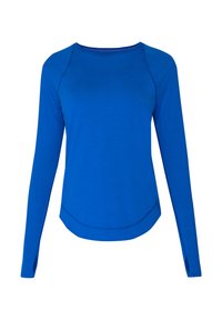 Blauwe sportshirt met lange mouwen, duimopeningen, ronde hals en gebogen zoom, ontworpen voor actieve kleding.