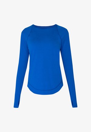 Blauwe sportshirt met lange mouwen, duimopeningen, ronde hals en gebogen zoom, ontworpen voor actieve kleding.