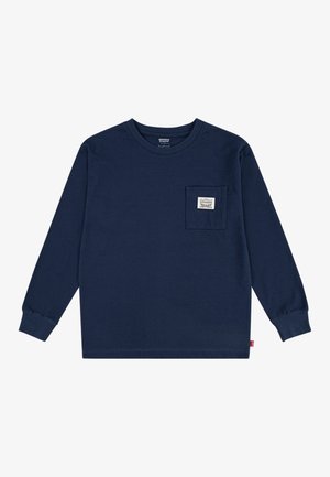 Marineblå langærmet skjorte med rund hals og en brystlomme med en lille hvid rektangulær logo-mærkat.