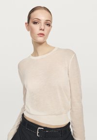 Helle beige Pullover mit Rundhalsausschnitt und langen Ärmeln, aus einem durchsichtigen, strukturierten Stoff gefertigt. Kombiniert mit einem schwarzen gewebten Gürtel.