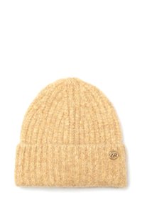 Knit beanie in light beige with a ribbed texture. Features a folded cuff and gold-tone logo accent on the side.