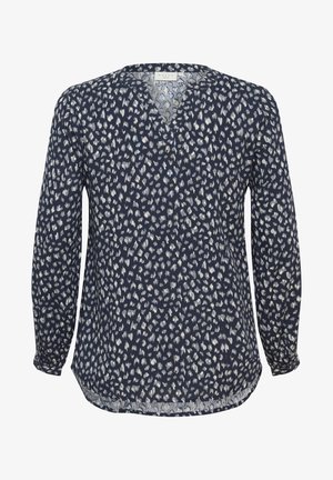 Tmavě modrá blůza s dlouhým rukávem a bílým abstraktním leopardím potiskem, s výstřihem do V a nařasenými manžetami. Lehká, měkká látka s jemným leskem.