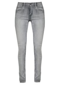 Jeans ajustados en un lavado gris claro. Cuenta con cuatro bolsillos, pasadores para cinturón y cremallera. Hechos de mezclilla con una textura suave y ligeramente desgastada.