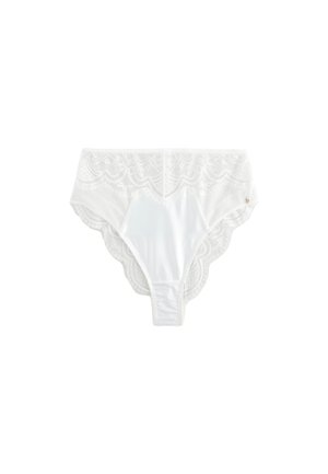 White lace-trimmed women's bikini underwear with scalloped edges on a plain background.