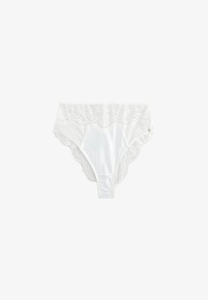 White lace-trimmed women's bikini underwear with scalloped edges on a plain background.