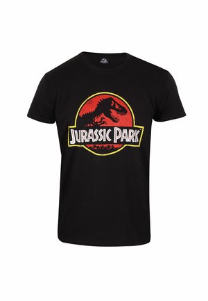 T-shirt en coton noir avec un logo Jurassic Park rouge et jaune, comprenant une silhouette de dinosaure et du texte. Encolure ronde, manches courtes.