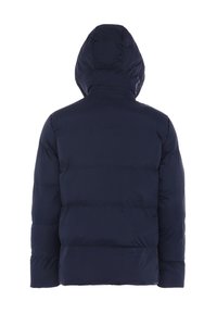 Navy puffer jacket with a hood, featuring a quilted design, smooth texture, and a relaxed fit. No visible hardware or accents.