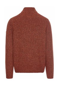 Strickpullover aus Wolle mit hohem Kragen, strukturierte Rostfarbe mit einem Hauch von kontrastierenden Farben, gerippter Saum und Ärmelbündchen, schlichte Rückansicht.