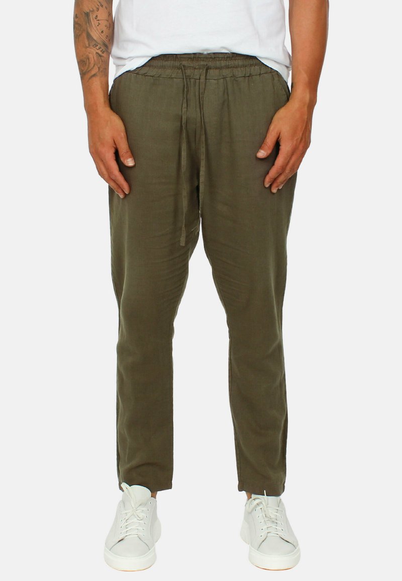 Pantaloni leggeri da uomo color verde oliva con vita elasticizzata e cordoncino, caratterizzati da un design a gamba dritta e una superficie liscia.