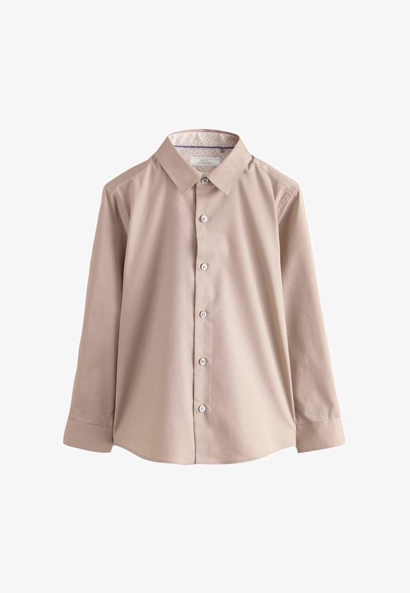 Beige long-sleeve button-up shirt with classic collar and white buttons, displayed on a white background.
