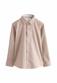 Ljust beige långärmad skjorta med krage, knappar framtill och en texturerad tygkvalitet. Noterbart mönster på innerkragen i vitt och ljuslila.