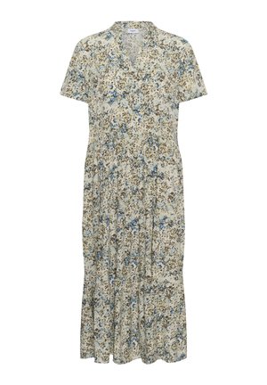 Vestido midi corto floral con escote en V, mangas cortas y falda suelta de capas en colores azul apagado, beige y oliva.