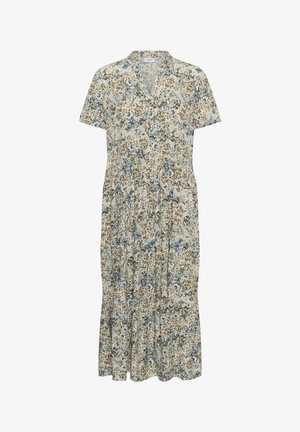 Vestido midi corto floral con escote en V, mangas cortas y falda suelta de capas en colores azul apagado, beige y oliva.