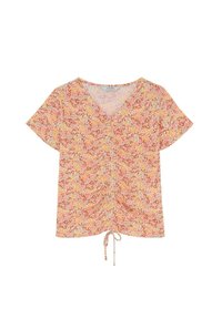 Korte mouwen blouse met een v-hals, voorzien van een bloemenpatroon in roze, geel en oranje. Geverzamelde taille met een strikdetail aan de onderkant.