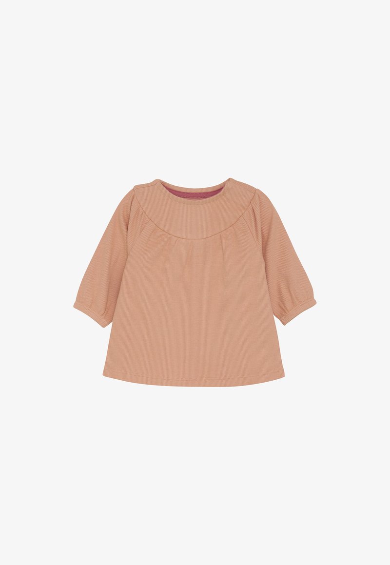 Langärmliges, geripptes Babyshirt in sanftem Pfirsichton mit gerafftem Einsatz und runder Ausschnitt.